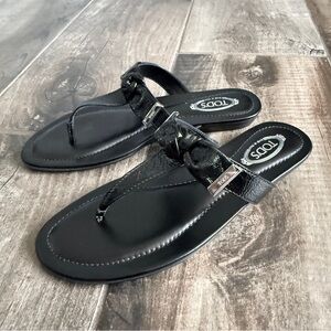 Tod's Women’s Embossed Logo Black Flat Slip-On Sandals,36(NWOB)